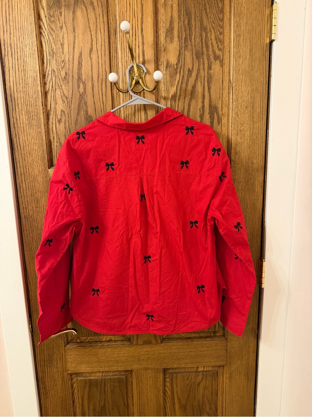 Anthropologie Maeve Red Button-Down Shirt with Black Bow Accents Small NWT - Picture 9 of 9
